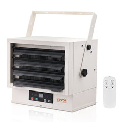 White Bostome 7500W electric garage heater with digital wall mount, four black louvers, and white remote.