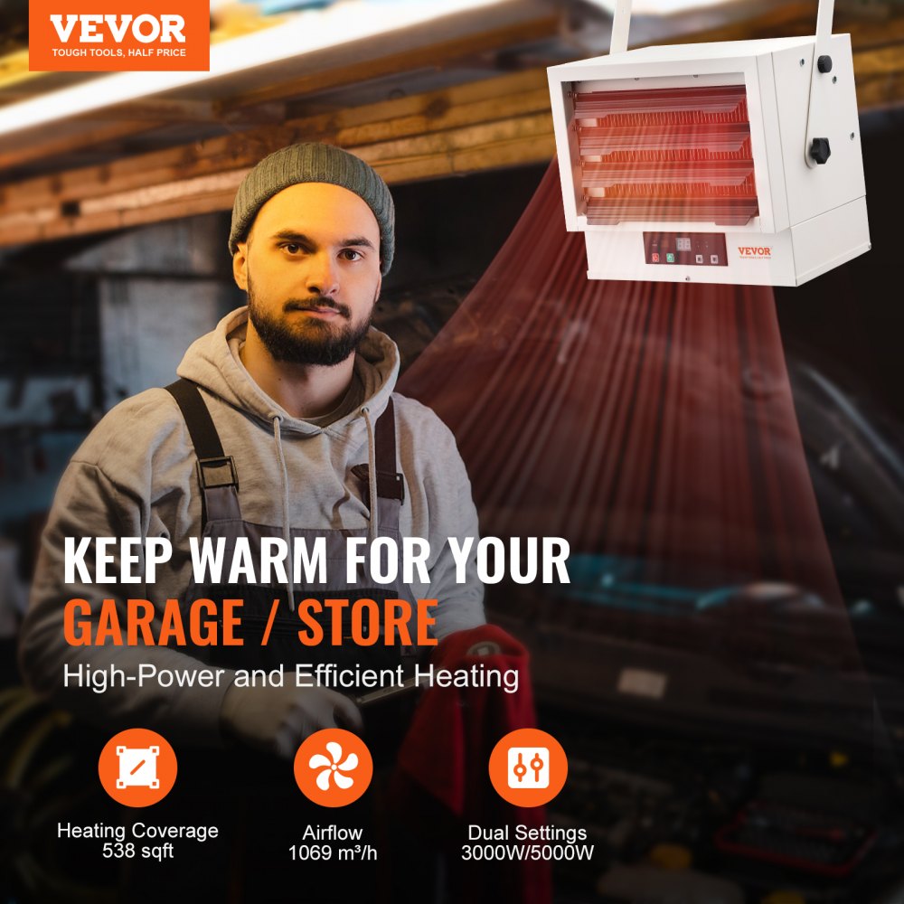 Electric Garage Heater, 5000-Watt Digital Fan-Forced Wall/Ceiling Mount Shop Heater, with Remote Control Overheat Protection, Hardwired Heater with 9-Hour Timer, Ideal for Workshop, ETL Listed