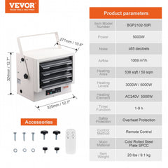 Electric Garage Heater, 5000-Watt Digital Fan-Forced Wall/Ceiling Mount Shop Heater, with Remote Control Overheat Protection, Hardwired Heater with 9-Hour Timer, Ideal for Workshop, ETL Listed
