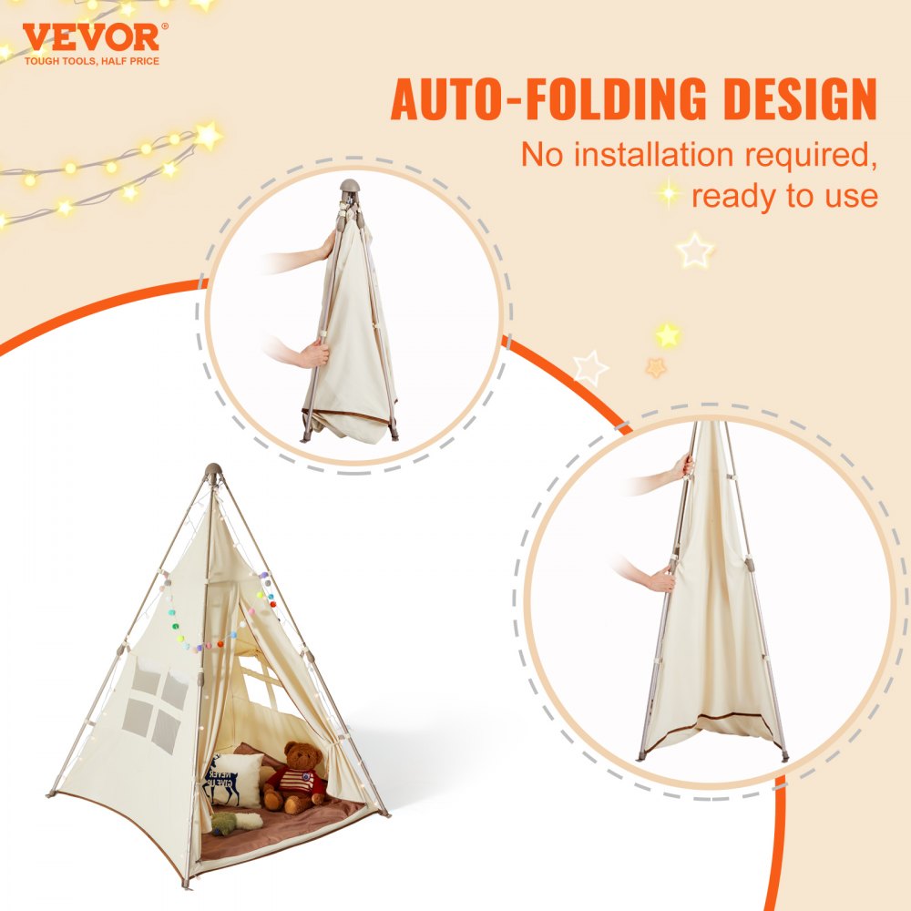 Kids Play Tent, Teepee Tent for Kids 1-5 Years Old, Tent for Kids with Windows for Indoor and Outdoor, Foldable Toddler Tent with Mat and Carrying Bag, Kids Tent for Boys and Girls, Beige