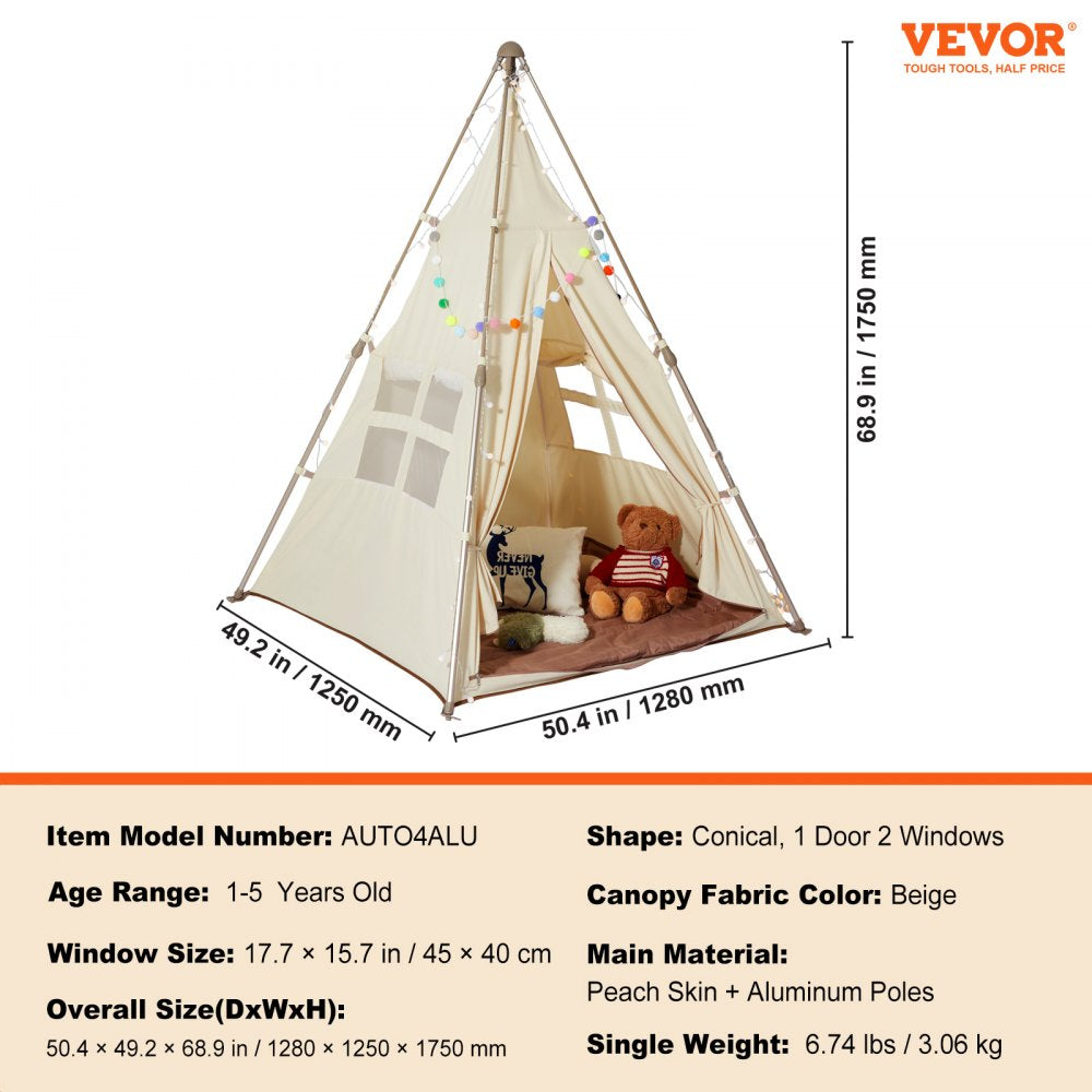 Kids Play Tent, Teepee Tent for Kids 1-5 Years Old, Tent for Kids with Windows for Indoor and Outdoor, Foldable Toddler Tent with Mat and Carrying Bag, Kids Tent for Boys and Girls, Beige