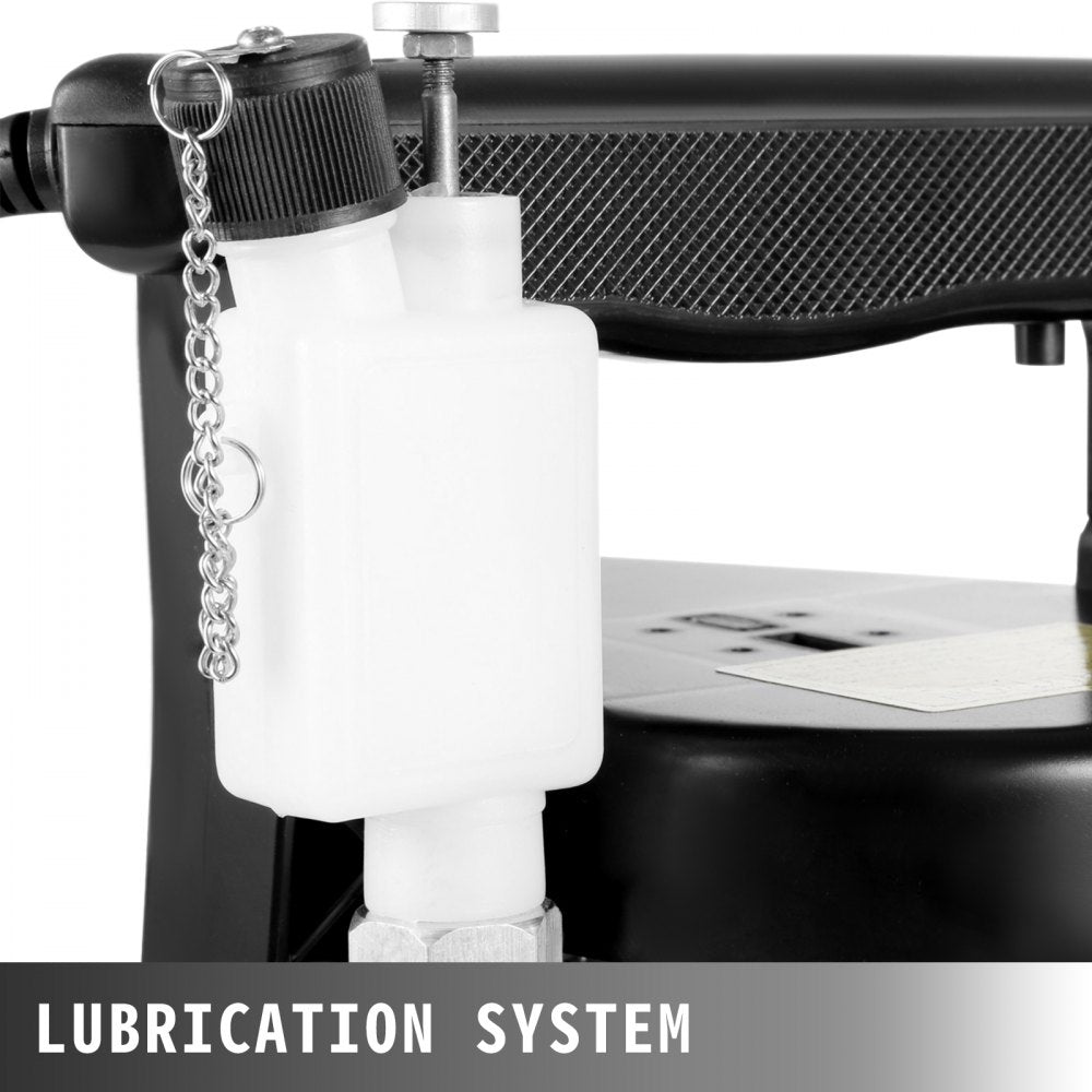 Silver Vevor portable bag closer sewing machine with lubrication system and oiler bottle.