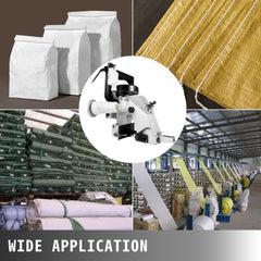 Silver Vevor portable bag closer sewing machine with 110V 90W motor, shown sealing white bags and yellow fabric.