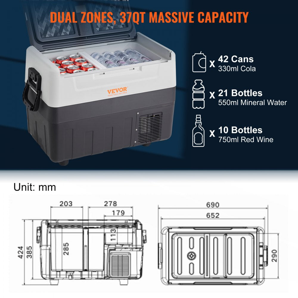 Car Refrigerator, 12 Volt Car Refrigerator Fridge, 37 QT/35 L Dual Zone Portable Freezer, -4℉-50℉ Adjustable Range, 12/24V DC and 100-240V AC Compressor Cooler for Outdoor, Camping, Travel, RV