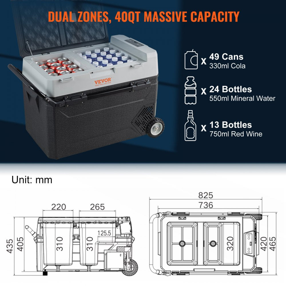 Car Refrigerator, 12 Volt Car Refrigerator Fridge, 40QT/38L Dual Zone Portable Freezer, -4℉-50℉ Adjustable Range, 12/24V DC and 100-240V AC Compressor Cooler for Outdoor, Camping, Travel, RV