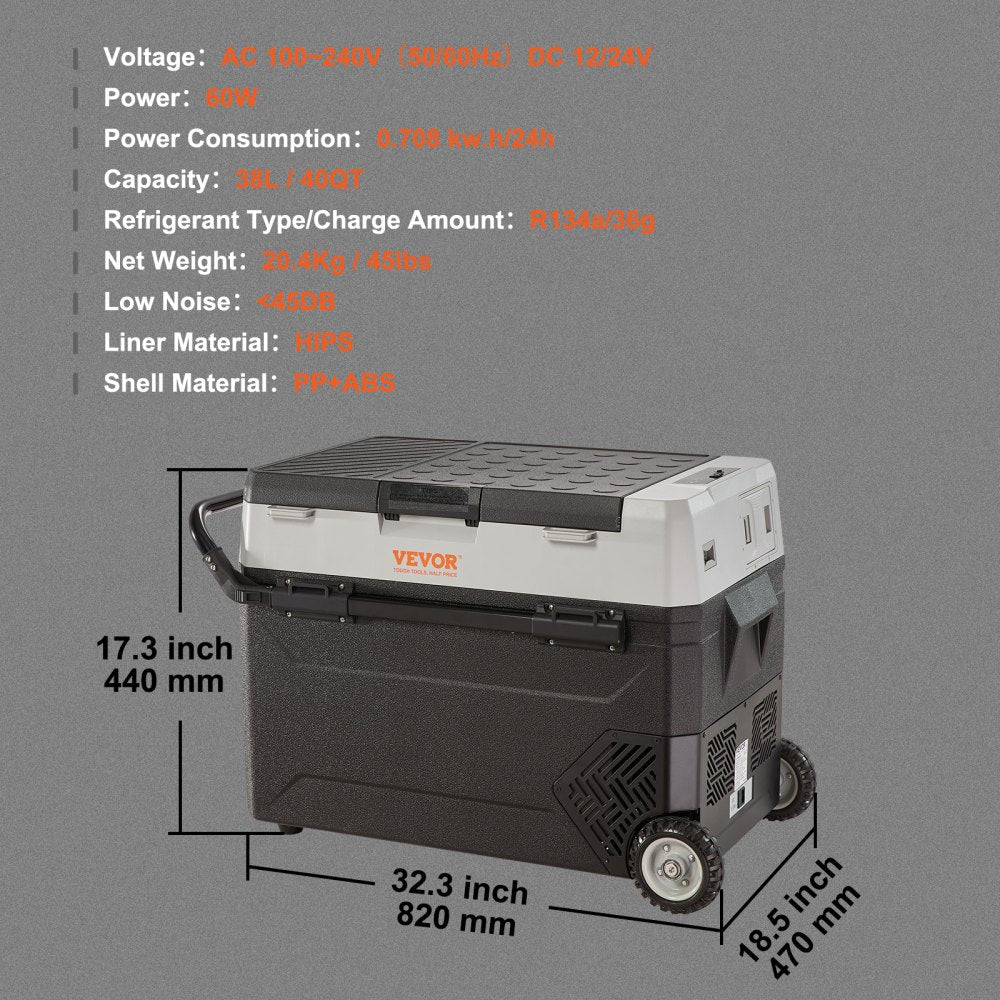 Car Refrigerator, 12 Volt Car Refrigerator Fridge, 40QT/38L Dual Zone Portable Freezer, -4℉-50℉ Adjustable Range, 12/24V DC and 100-240V AC Compressor Cooler for Outdoor, Camping, Travel, RV