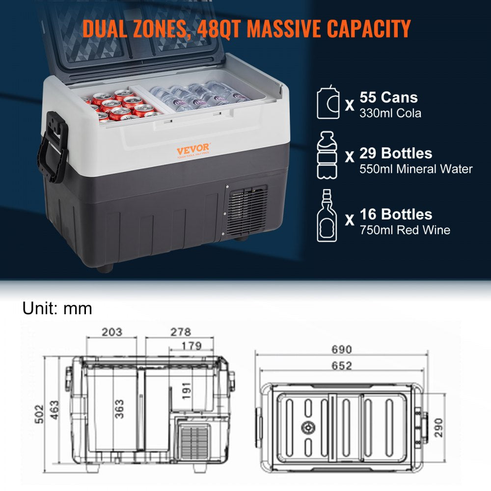 Car Refrigerator, 12 Volt Car Refrigerator Fridge, 48 QT/45 L Dual Zone Portable Freezer, -4℉-50℉ Adjustable Range, 12/24V DC and 100-240V AC Compressor Cooler for Outdoor, Camping, Travel, RV