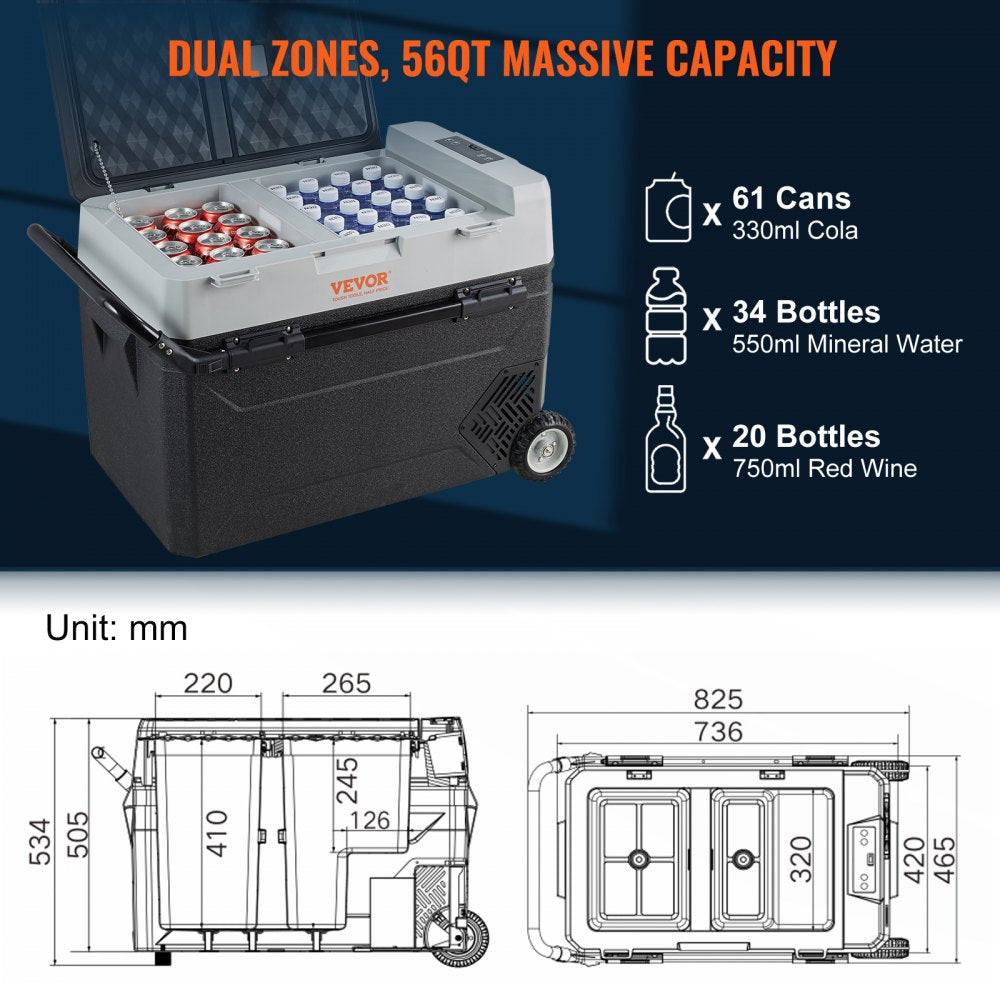 Car Refrigerator, 12 Volt Car Refrigerator Fridge, 56 QT/53 L Dual Zone Portable Freezer, -4℉-50℉ Adjustable Range, 12/24V DC and 100-240V AC Compressor Cooler for Outdoor, Camping, Travel, RV