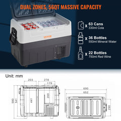 Car Refrigerator, 12 Volt Car Refrigerator Fridge, 58 QT/55 L Dual Zone Portable Freezer, -4℉-50℉ Adjustable Range, 12/24V DC and 100-240V AC Compressor Cooler for Outdoor, Camping, Travel, RV