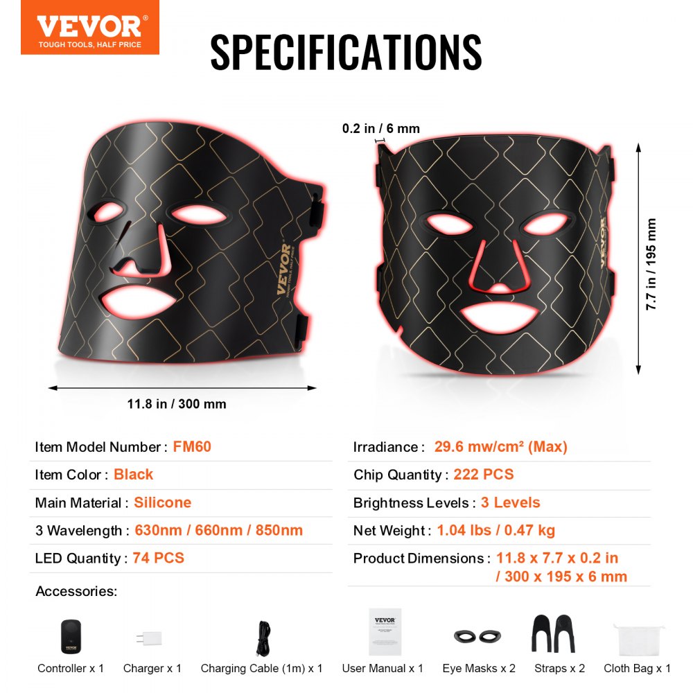 Red Light Therapy for Face LED Face Mask Light Therapy with 3 Wavelengths