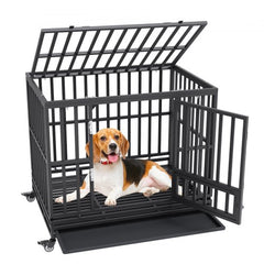 A black 42-inch heavy-duty dog crate with three doors, open top, and a beagle inside.