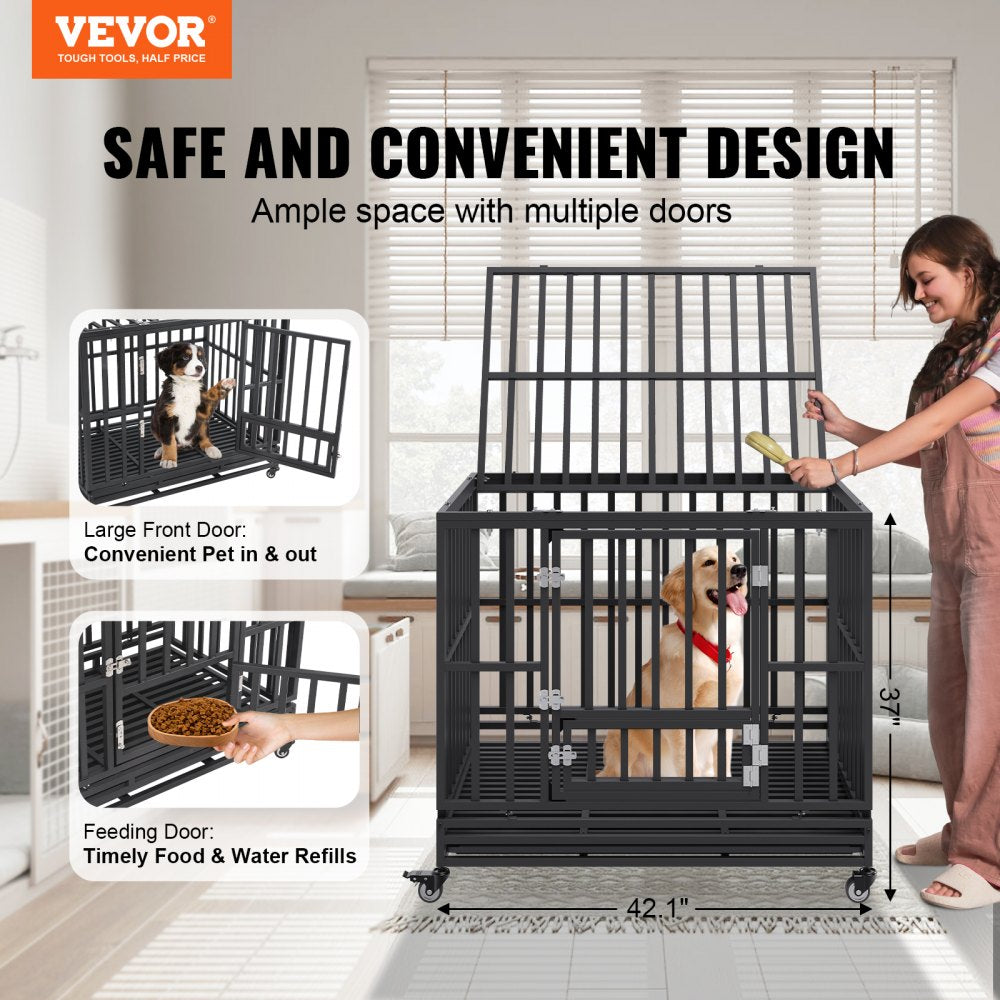 42-inch heavy duty dog crate with three doors for medium to large dogs, featuring a metal frame and wheels.