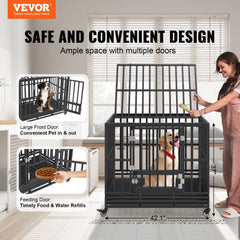 42-inch heavy duty dog crate with three doors for medium to large dogs, featuring a metal frame and wheels.
