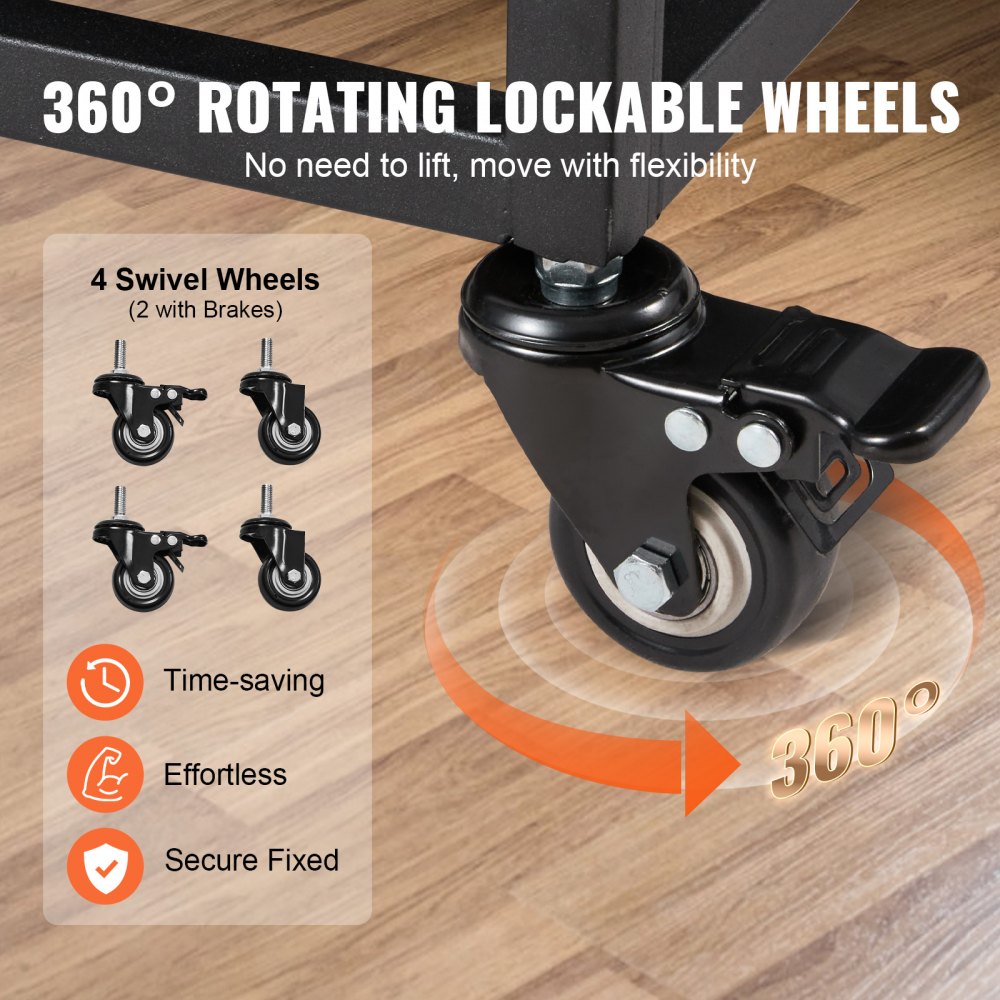 Heavy duty dog crate with three doors and 360-degree lockable swivel wheels for mobility.