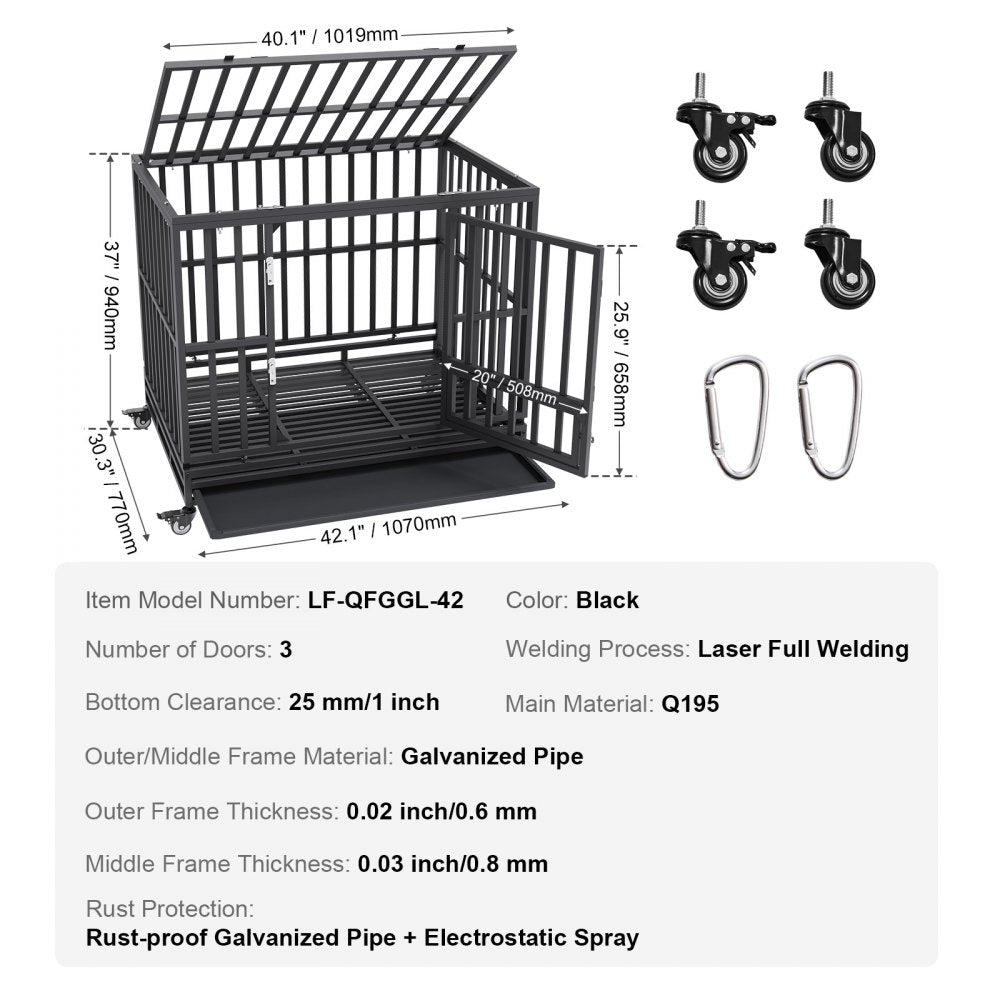 42-inch heavy duty black dog crate with 3 doors, wheels, and galvanized steel frame.