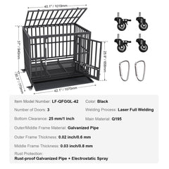 42-inch heavy duty black dog crate with 3 doors, wheels, and galvanized steel frame.