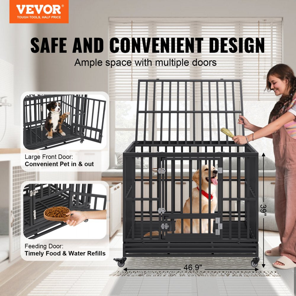 Heavy-duty dog crate with three doors, galvanized steel frame, and removable tray.
