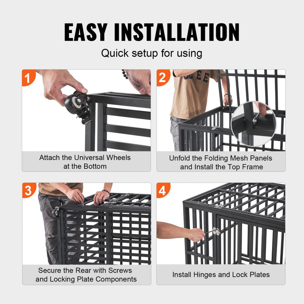 Heavy duty dog crate with three doors, galvanized steel frame, and removable waste tray.