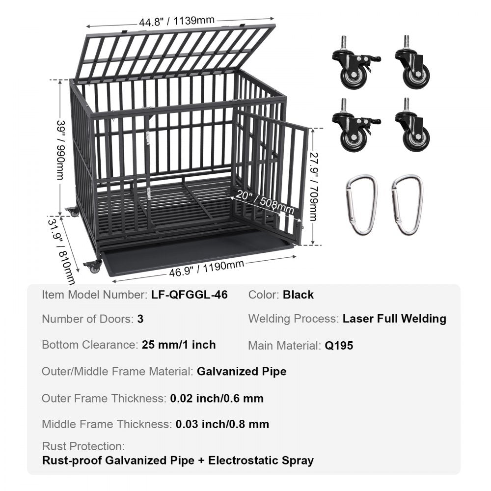 Heavy duty 47-inch dog crate with three doors and galvanized steel frame for large dogs.
