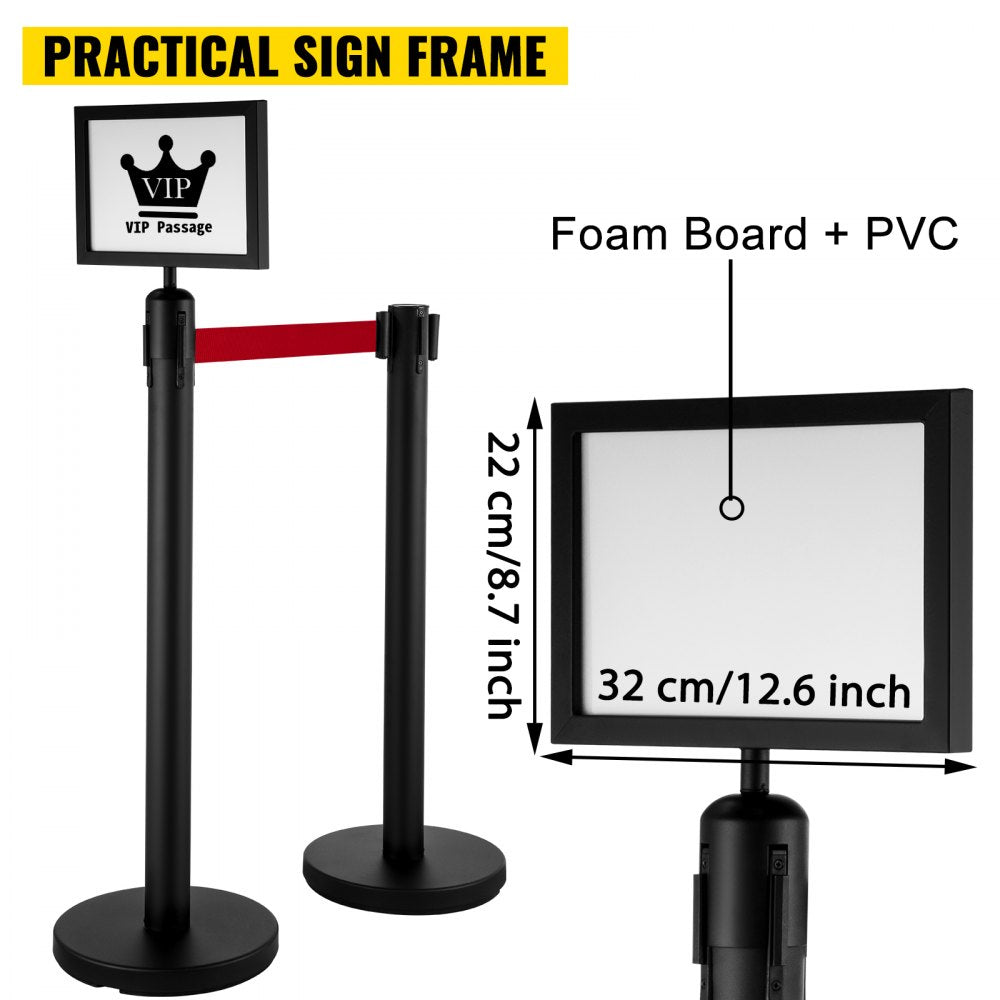 Stanchion Post Barriers 4-Set Line Dividers, Stainless Steel Stanchions with 6.6 Black Retractable Belts, Stanchions with One Sign Frame, 34.6 Queue Safety Stanchions (Balck)