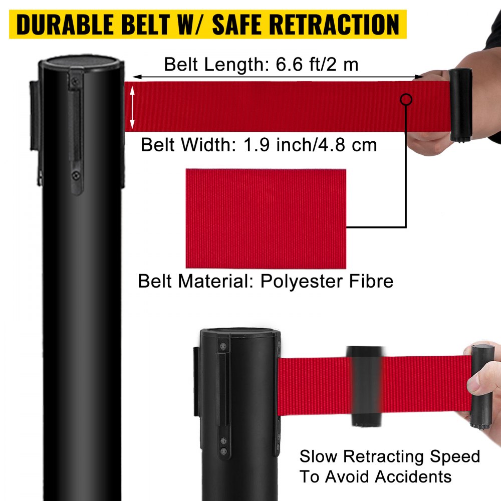 Stanchion Post Barriers 4-Set Line Dividers, Stainless Steel Stanchions with 6.6 Black Retractable Belts, Stanchions with One Sign Frame, 34.6 Queue Safety Stanchions (Balck)