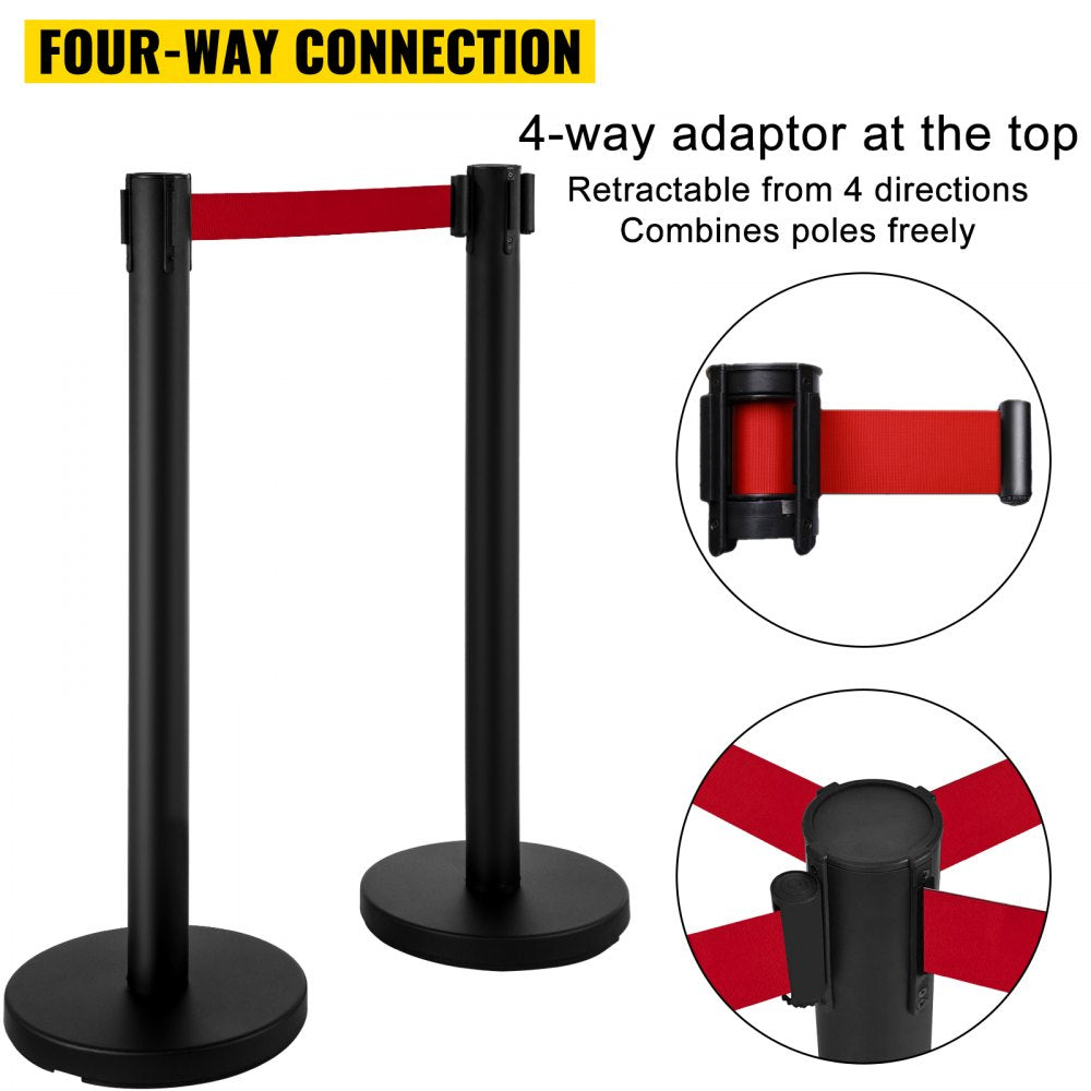 Stanchion Post Barriers 4-Set Line Dividers, Stainless Steel Stanchions with 6.6 Black Retractable Belts, Stanchions with One Sign Frame, 34.6 Queue Safety Stanchions (Balck)