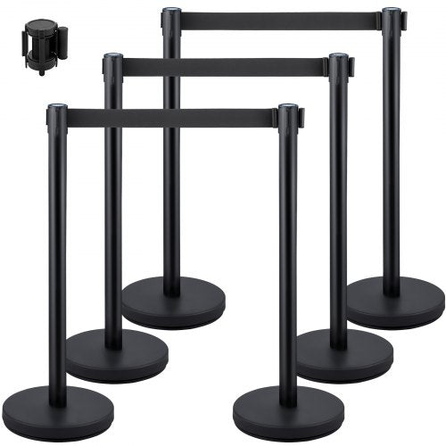 6 PCS Black Stanchion Posts Stainless Steel Stanchion Queue Post Black Belt Retractable 36In for Both Indoor and Outdoor use.