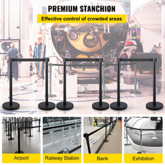 6 PCS Black Stanchion Posts Stainless Steel Stanchion Queue Post Black Belt Retractable 36In for Both Indoor and Outdoor use.