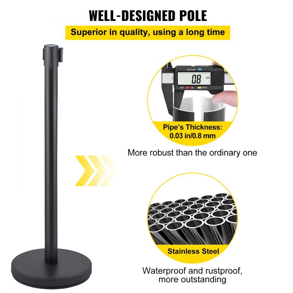 6 PCS Black Stanchion Posts Stainless Steel Stanchion Queue Post Black Belt Retractable 36In for Both Indoor and Outdoor use.