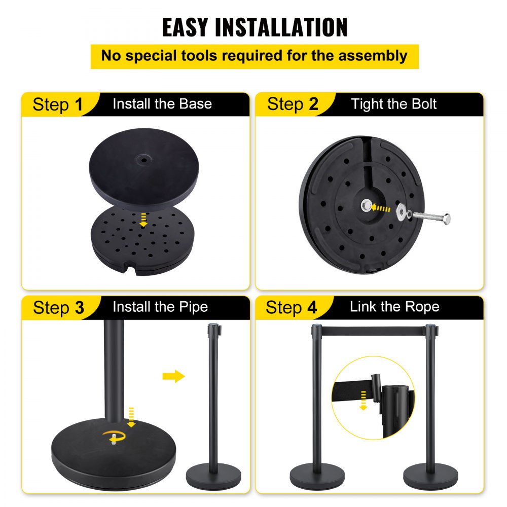 6 PCS Black Stanchion Posts Stainless Steel Stanchion Queue Post Black Belt Retractable 36In for Both Indoor and Outdoor use.