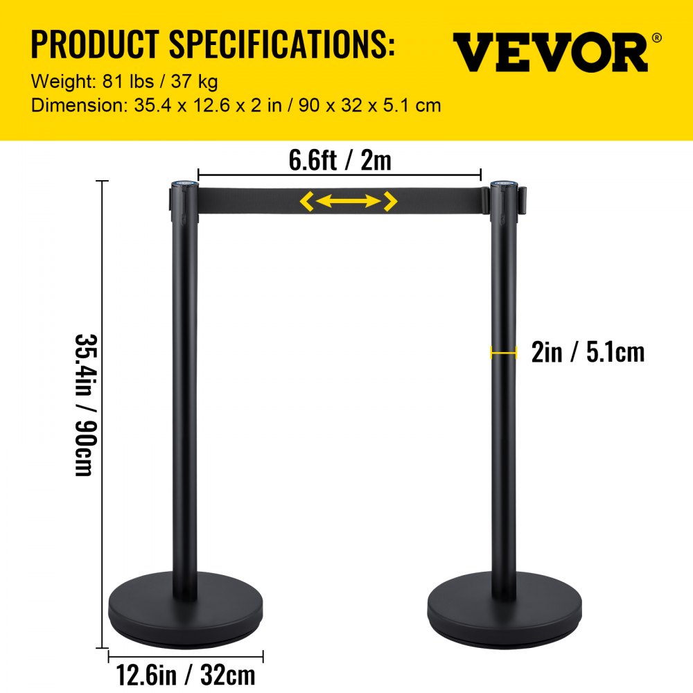 6 PCS Black Stanchion Posts Stainless Steel Stanchion Queue Post Black Belt Retractable 36In for Both Indoor and Outdoor use.