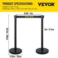 6 PCS Black Stanchion Posts Stainless Steel Stanchion Queue Post Black Belt Retractable 36In for Both Indoor and Outdoor use.