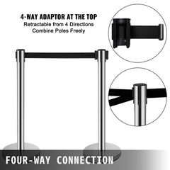 Crowd Control Stanchion, 6-Pack Crowd Control Barrier, Carbon Steel Baking Painted Stanchion Queue Post with 6.6FT Retractable Belt & Fillable Base, Belt Barrier Line Divider, Easy Assembly