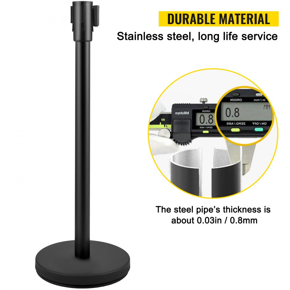 Crowd Control Stanchion, Set of 8 Pieces Stanchion Set, Stanchion Set with 6.6 ft/2 m Black Retractable Belt, Black Crowd Control Barrier w/ Concrete and Metal Base – Easy Connect Assembly