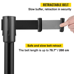 Crowd Control Stanchion, Set of 8 Pieces Stanchion Set, Stanchion Set with 6.6 ft/2 m Black Retractable Belt, Black Crowd Control Barrier w/ Concrete and Metal Base – Easy Connect Assembly