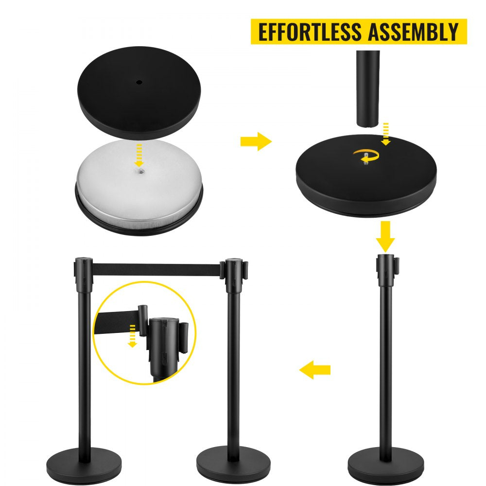 Crowd Control Stanchion, Set of 8 Pieces Stanchion Set, Stanchion Set with 6.6 ft/2 m Black Retractable Belt, Black Crowd Control Barrier w/ Concrete and Metal Base – Easy Connect Assembly