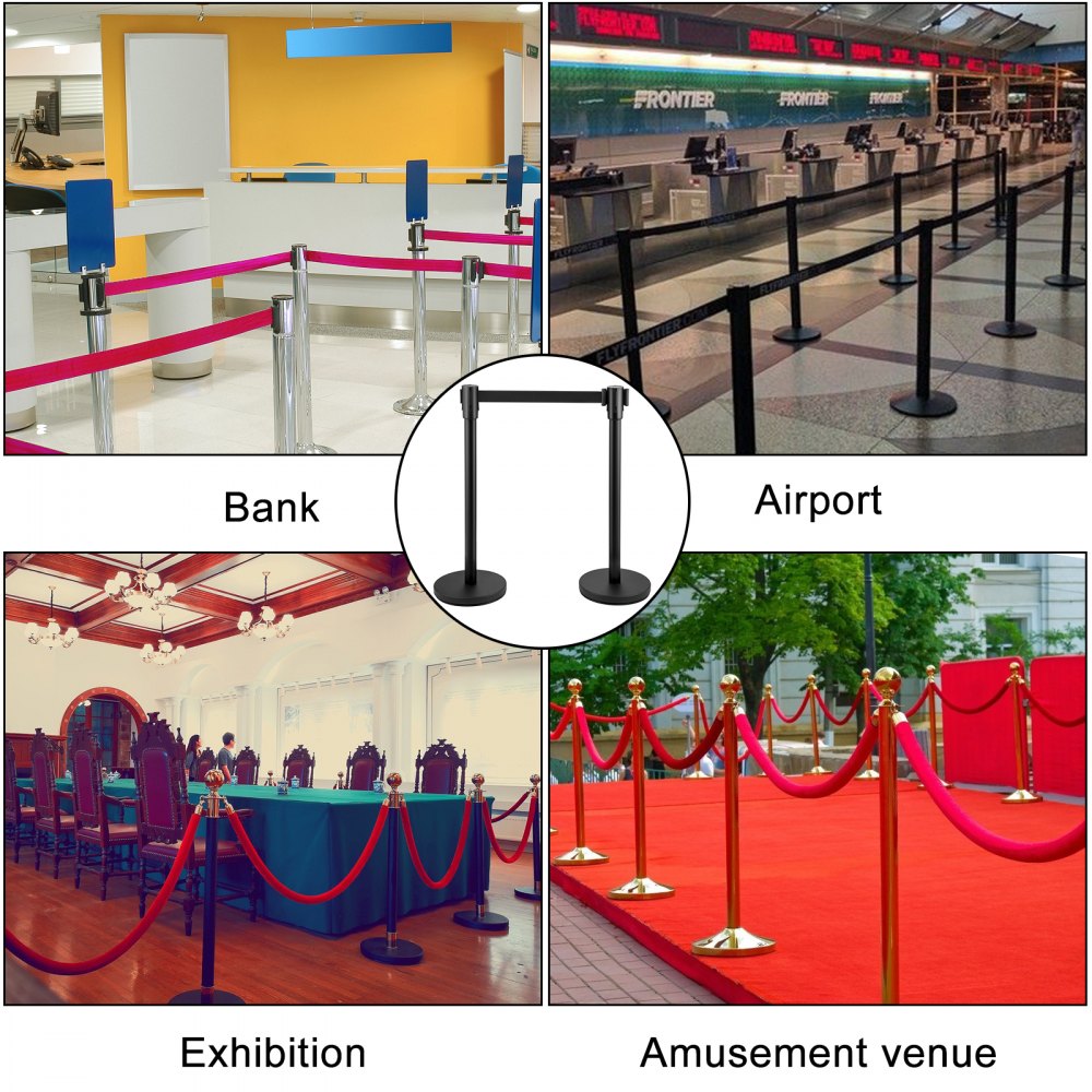 Crowd Control Stanchion, Set of 8 Pieces Stanchion Set, Stanchion Set with 6.6 ft/2 m Black Retractable Belt, Black Crowd Control Barrier w/ Concrete and Metal Base – Easy Connect Assembly