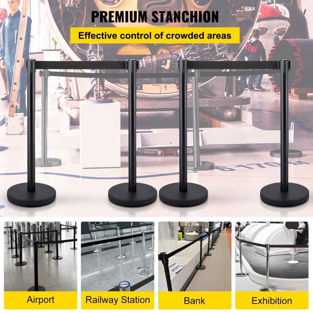 Crowd Control Stanchion, Set of 4 Pieces Stanchion Set, Stanchion Set with 6.6 ft/2 m Black Retractable Belt, Black Crowd Control Barrier w/Concrete and Metal Base – Easy Connect Assembly