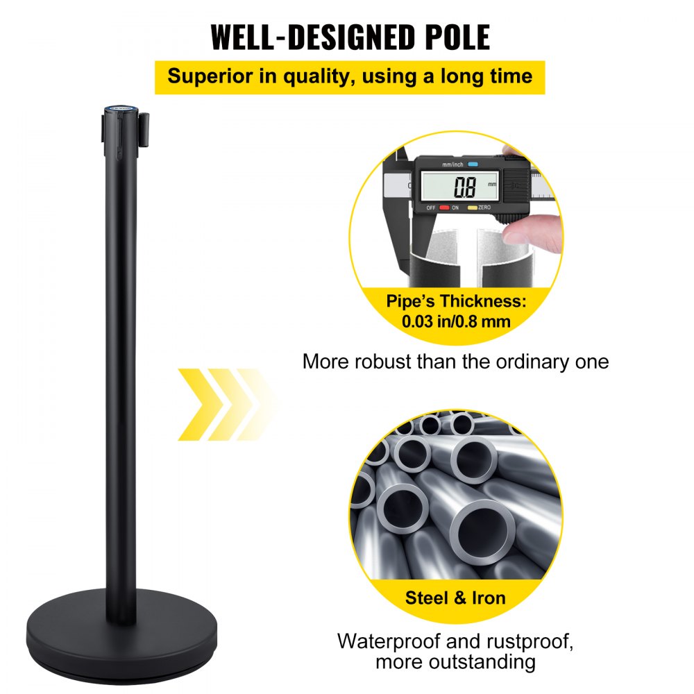 Crowd Control Stanchion, Set of 4 Pieces Stanchion Set, Stanchion Set with 6.6 ft/2 m Black Retractable Belt, Black Crowd Control Barrier w/Concrete and Metal Base – Easy Connect Assembly
