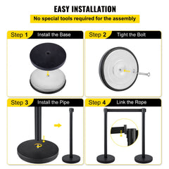 Crowd Control Stanchion, Set of 4 Pieces Stanchion Set, Stanchion Set with 6.6 ft/2 m Black Retractable Belt, Black Crowd Control Barrier w/Concrete and Metal Base – Easy Connect Assembly