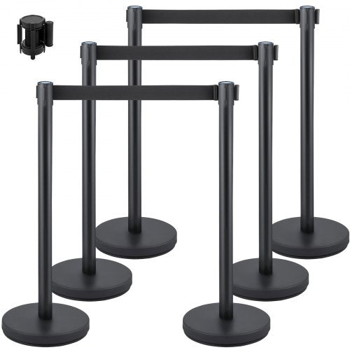 Crowd Control Stanchion, Set of 6 Pieces Stanchion Set, Stanchion Set with 6.6 ft/2 m Black Retractable Belt, Black Crowd Control Barrier w/Concrete and Metal Base - Easy Connect Assembly