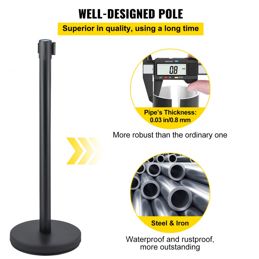 Crowd Control Stanchion, Set of 6 Pieces Stanchion Set, Stanchion Set with 6.6 ft/2 m Black Retractable Belt, Black Crowd Control Barrier w/Concrete and Metal Base - Easy Connect Assembly