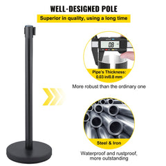 Crowd Control Stanchion, Set of 6 Pieces Stanchion Set, Stanchion Set with 6.6 ft/2 m Black Retractable Belt, Black Crowd Control Barrier w/Concrete and Metal Base - Easy Connect Assembly