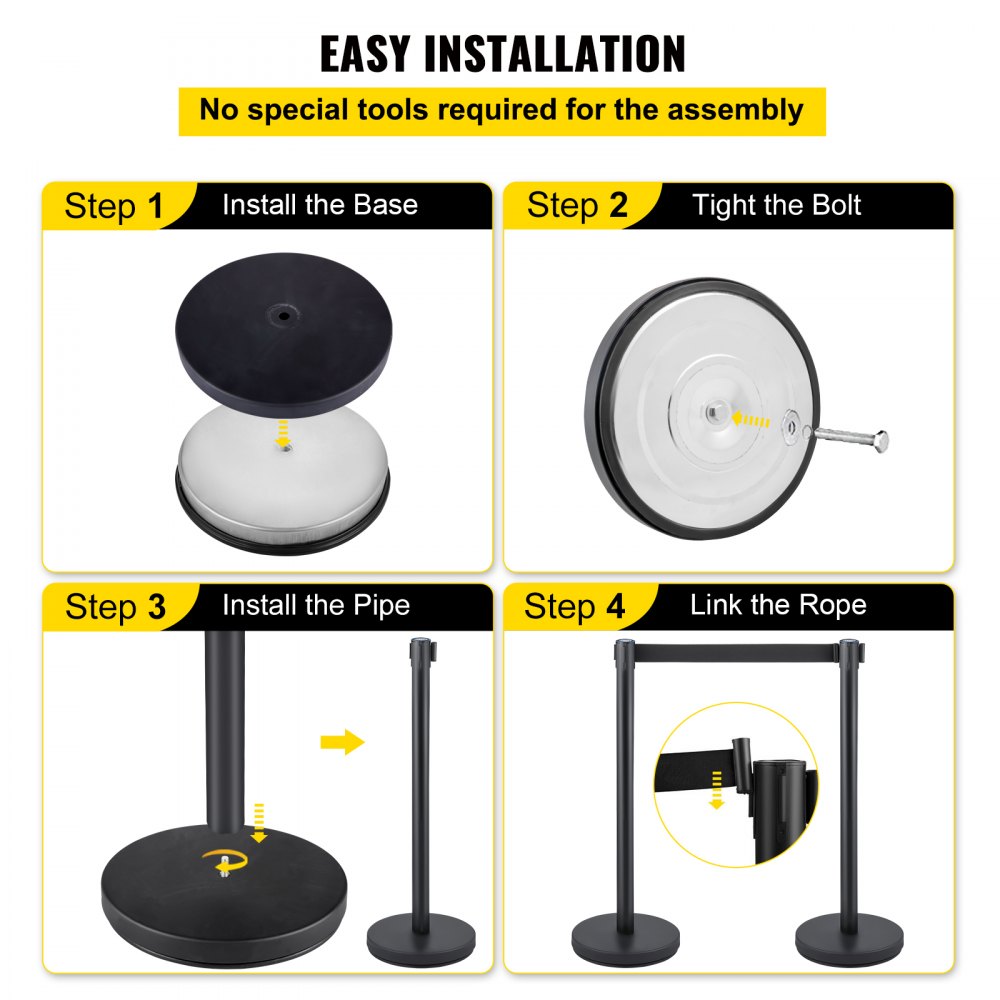 Crowd Control Stanchion, Set of 6 Pieces Stanchion Set, Stanchion Set with 6.6 ft/2 m Black Retractable Belt, Black Crowd Control Barrier w/Concrete and Metal Base - Easy Connect Assembly