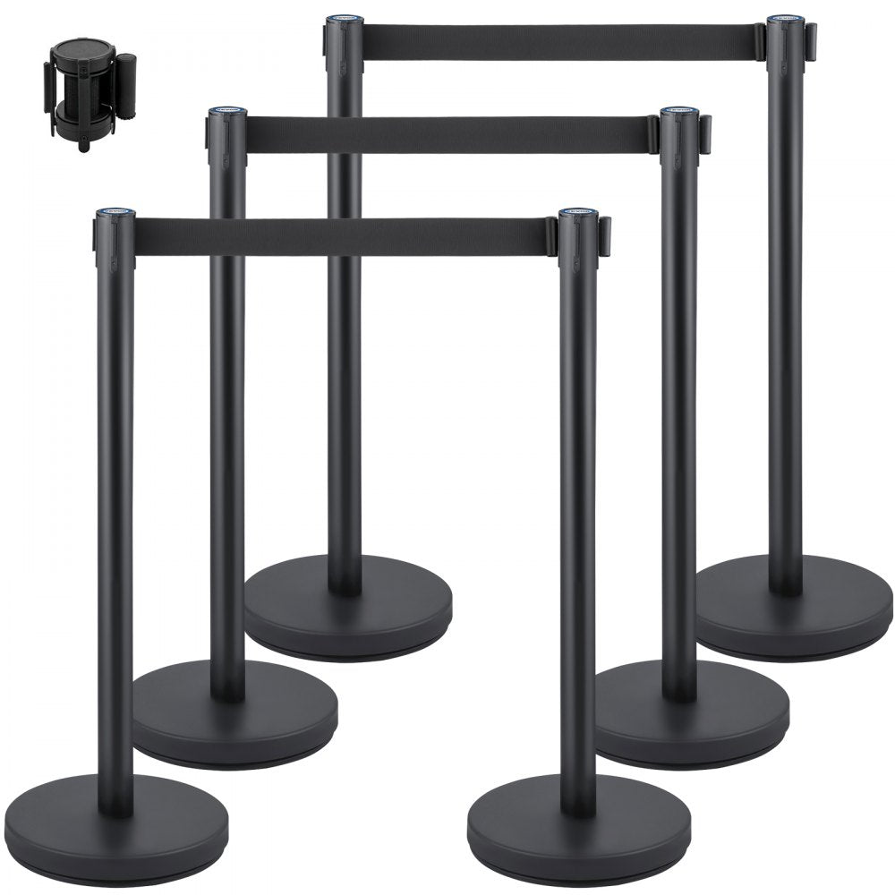 Crowd Control Stanchion, Set of 6 Pieces Stanchion Set, Stanchion Set with 6.6 ft/2 m Black Retractable Belt, Black Crowd Control Barrier w/Concrete and Metal Base - Easy Connect Assembly