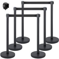 Crowd Control Stanchion, Set of 6 Pieces Stanchion Set, Stanchion Set with 6.6 ft/2 m Black Retractable Belt, Black Crowd Control Barrier w/Concrete and Metal Base - Easy Connect Assembly