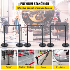 Crowd Control Stanchion, Set of 6 Pieces Stanchion Set, Stanchion Set w/ 6.6 ft/2 m Red Retractable Belt, Crowd Control Barrier w/Rubber Base – Easy Connect Assembly for Crowd Control (Black)