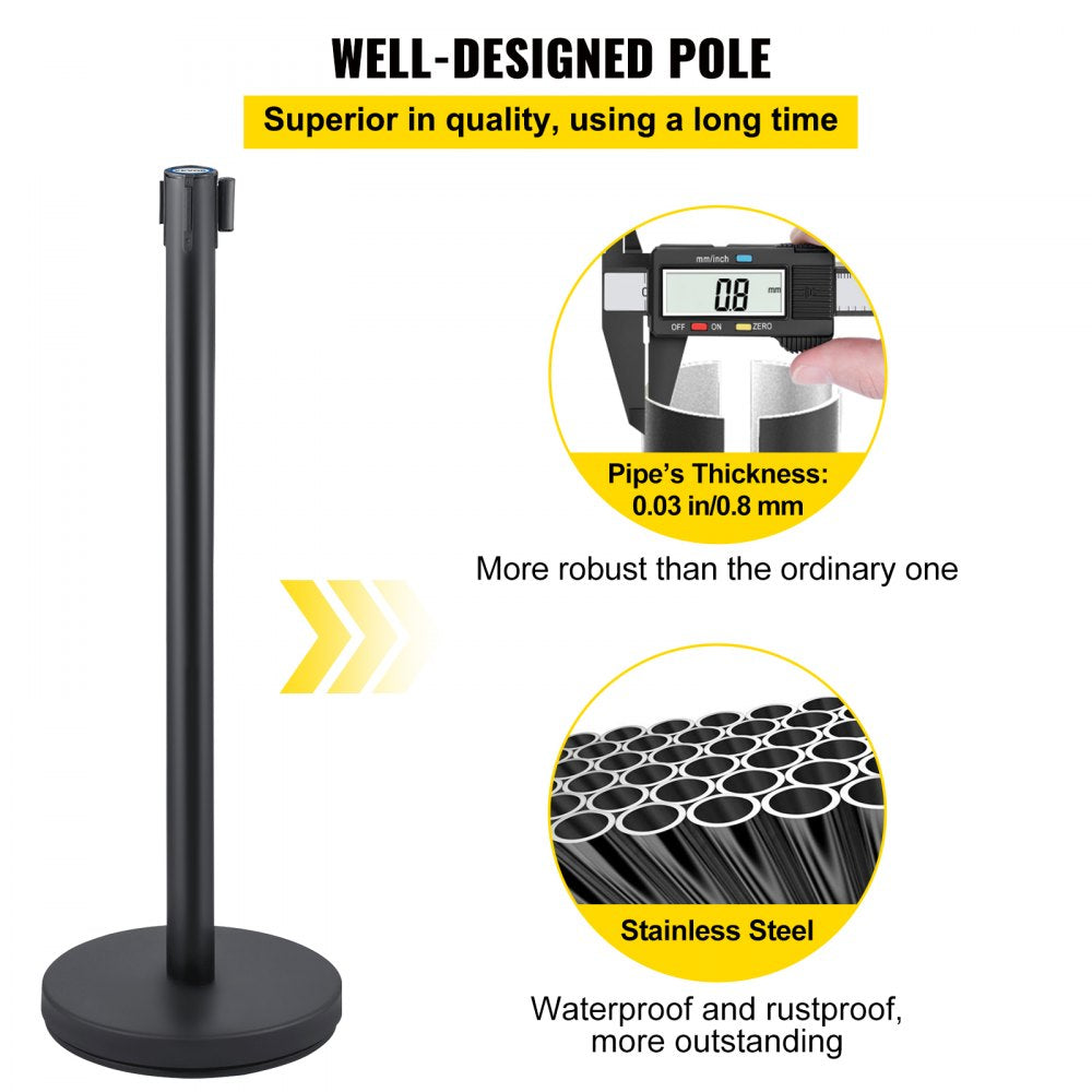Crowd Control Stanchion, Set of 6 Pieces Stanchion Set, Stanchion Set w/ 6.6 ft/2 m Red Retractable Belt, Crowd Control Barrier w/Rubber Base – Easy Connect Assembly for Crowd Control (Black)