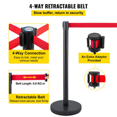 Crowd Control Stanchion, Set of 6 Pieces Stanchion Set, Stanchion Set w/ 6.6 ft/2 m Red Retractable Belt, Crowd Control Barrier w/Rubber Base – Easy Connect Assembly for Crowd Control (Black)