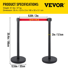 Crowd Control Stanchion, Set of 6 Pieces Stanchion Set, Stanchion Set w/ 6.6 ft/2 m Red Retractable Belt, Crowd Control Barrier w/Rubber Base – Easy Connect Assembly for Crowd Control (Black)